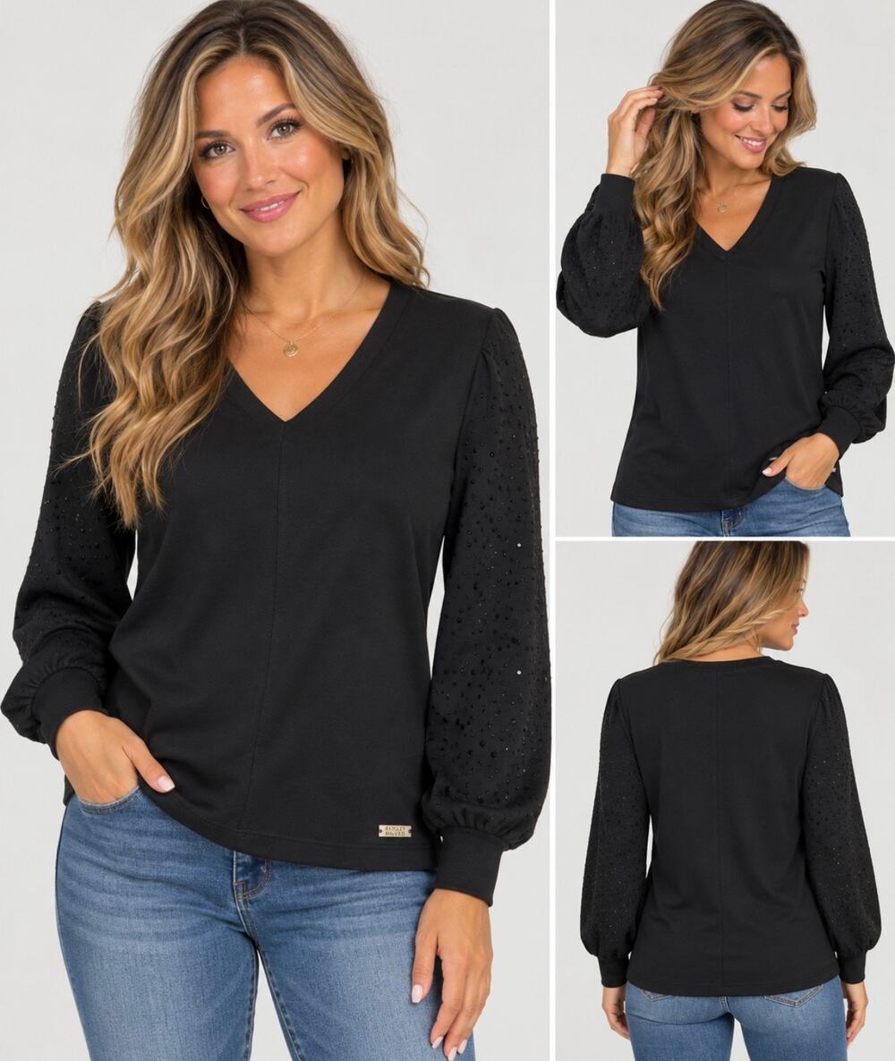 Badgley Mischka Women’s M Black Rhinestone Sleeve V Neck Top NWT